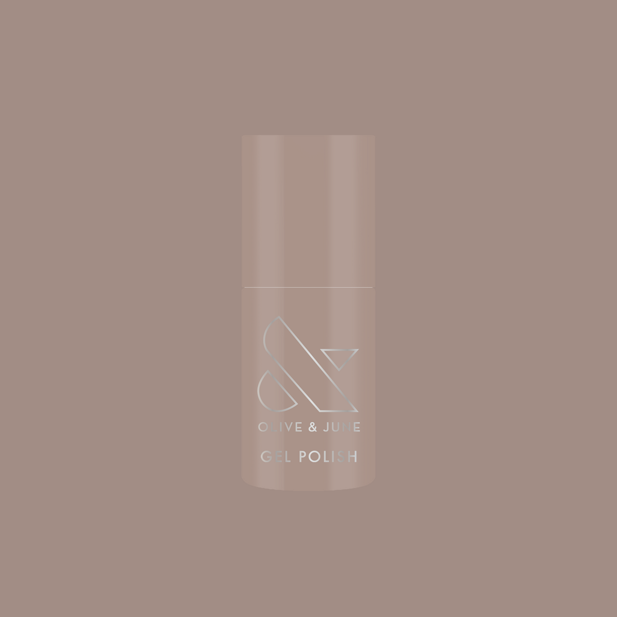 Bottle of AW - Gel polish in warm grey shade for chic, long-lasting manicure by Olive and June on muted background