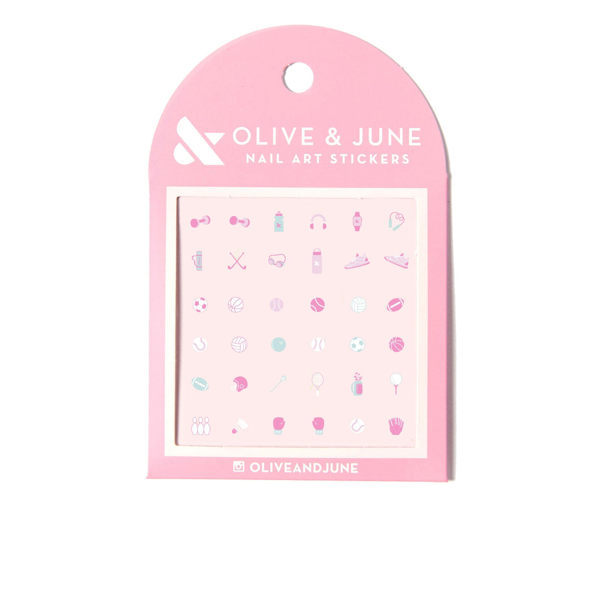 Olive and June Sports Pack nail art stickers featuring mini tennis, basketball, soccer, and sporty accessories for manicures