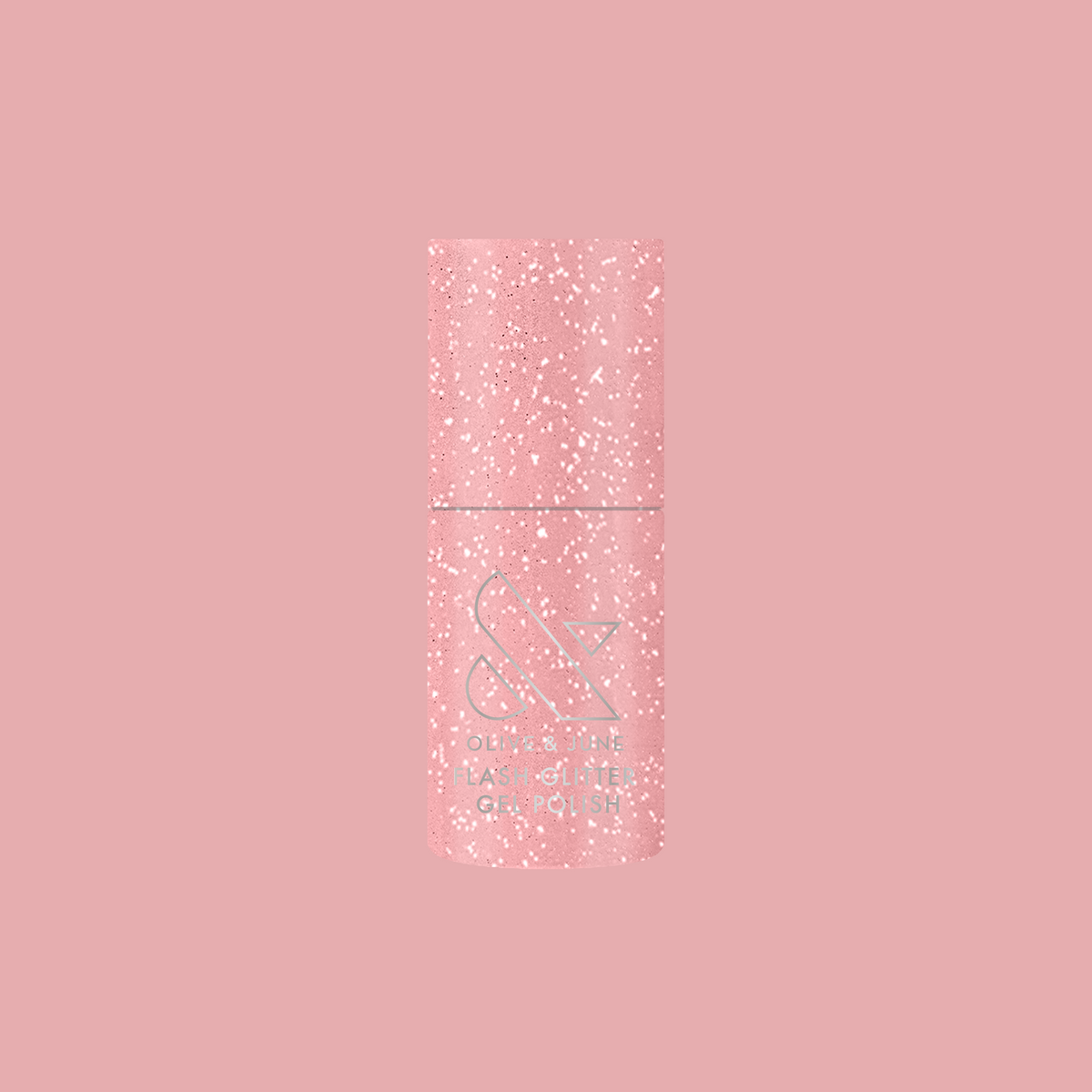 Sparkly Pink Drink Gel bottle with blush pink flash glitter gel polish on soft pink background
